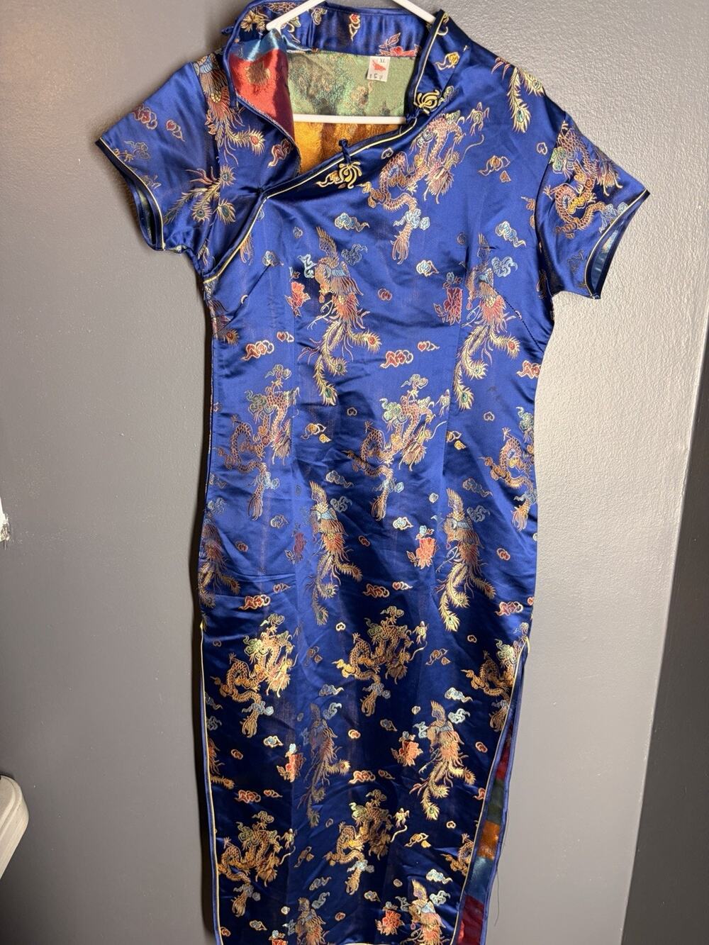 Laogudai Blue Colorful Dragon Short Satin Mock Neck Cheongsam Dress SZ XL